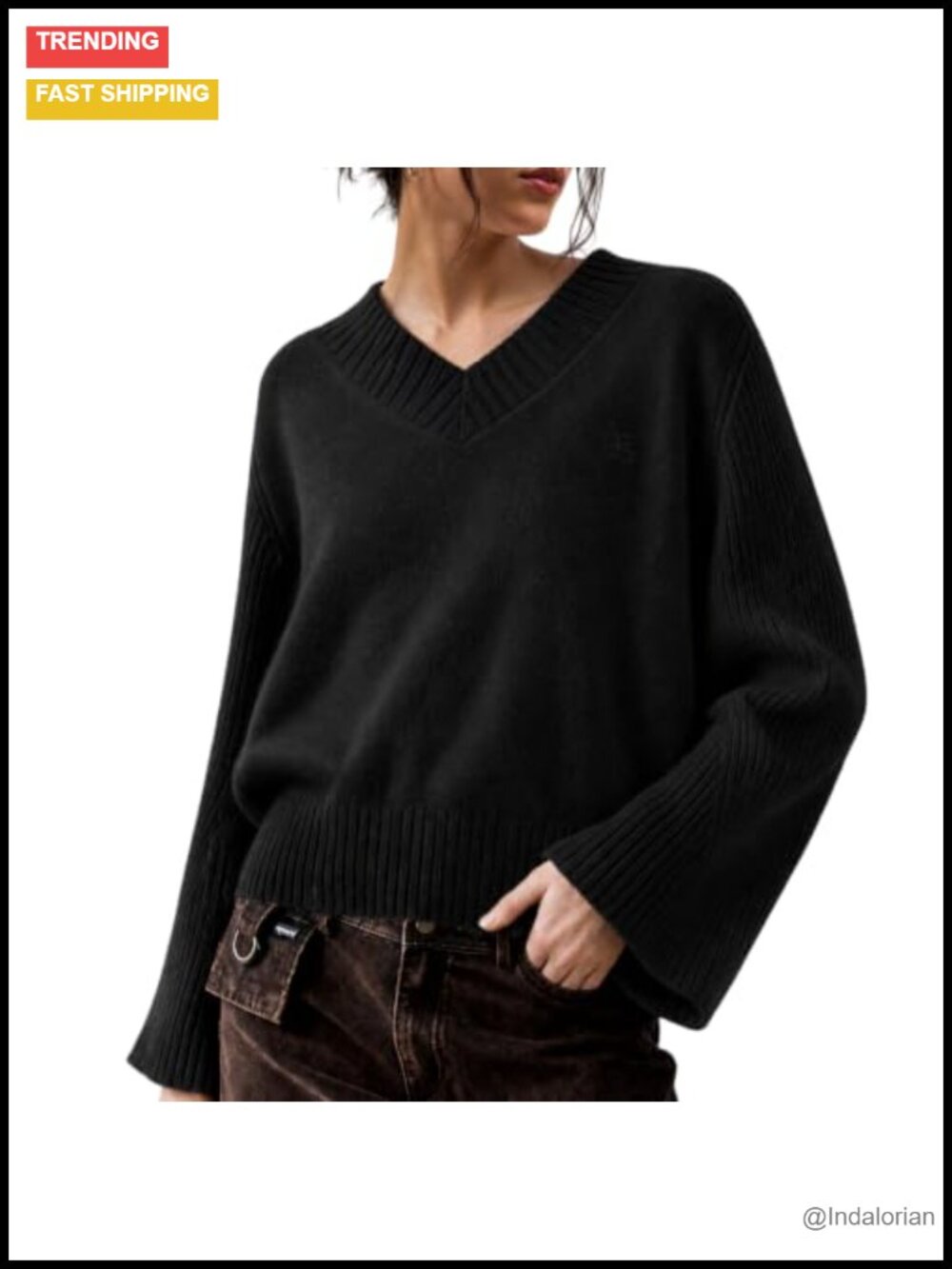 Aelfric Eden Cropped V-Neck Flare Sleeve Knit Sweater Pullover